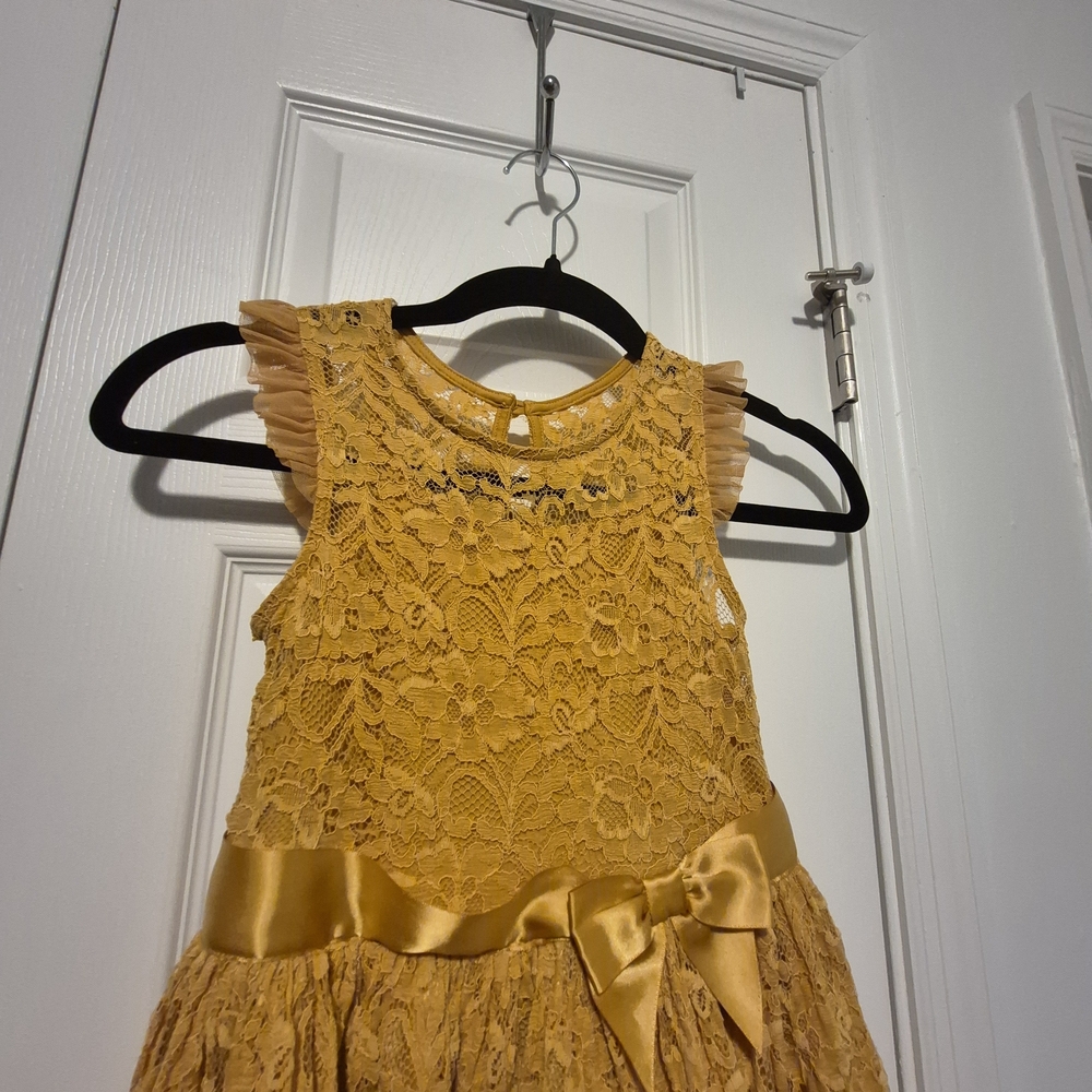 Girls Mustard Yellow Lace Bow-Front Casual Dress